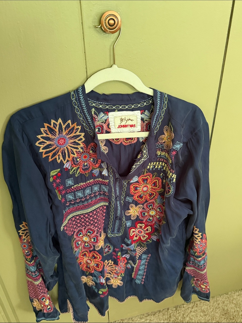 Johnny Was Navy Embroidered Floral Blouse